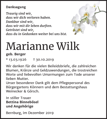 Traueranzeige von Marianne Wilk von Mitteldeutsche Zeitung Bernburg