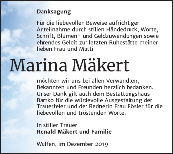 Traueranzeige von Marina Mäkert von Super Sonntag Köthen