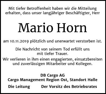 Traueranzeige von Mario Horn von Mitteldeutsche Zeitung Halle/Saalkreis