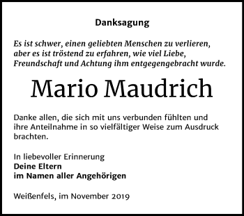 Traueranzeige von Mario Maudrich von Wochenspiegel Weißenfels