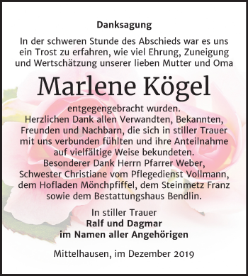 Traueranzeige von Marlene Kögel von Mitteldeutsche Zeitung Sangerhausen