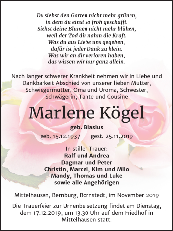 Traueranzeige von Marlene Kögel von Super Sonntag Sangerhausen
