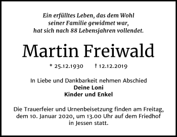 Traueranzeige von Martin Freiwald von Super Sonntag Wittenberg