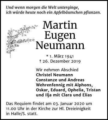 Traueranzeige von Martin Eugen Neumann von Mitteldeutsche Zeitung Halle/Saalkreis