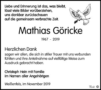Traueranzeige von Mathias Göricke von Wochenspiegel Weißenfels