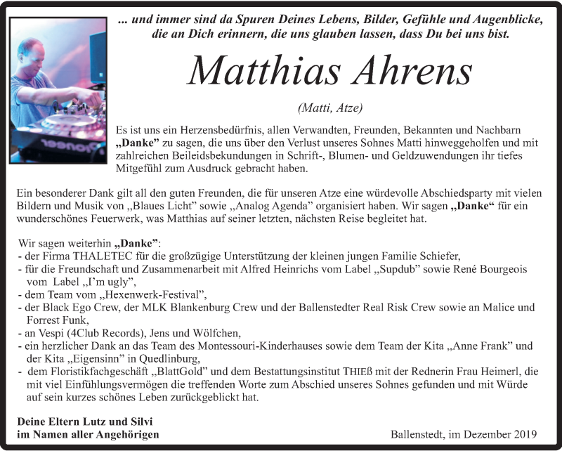  Traueranzeige für Matthias Ahrens vom 21.12.2019 aus Super Sonntag Quedlinburg