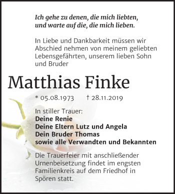 Traueranzeige von Matthias Finke von Wochenspiegel Bitterfeld
