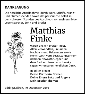 Traueranzeige von Matthias Finke von Mitteldeutsche Zeitung Bitterfeld