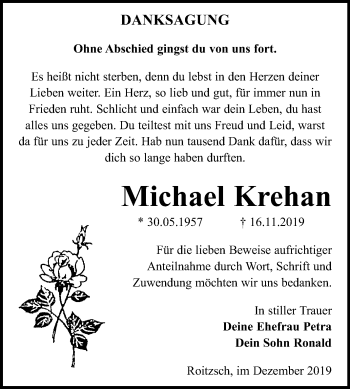 Traueranzeige von Michael Krehan von Mitteldeutsche Zeitung Bitterfeld