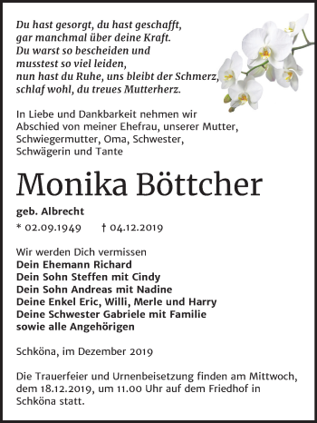 Traueranzeige von Monika Böttcher von Super Sonntag Wittenberg