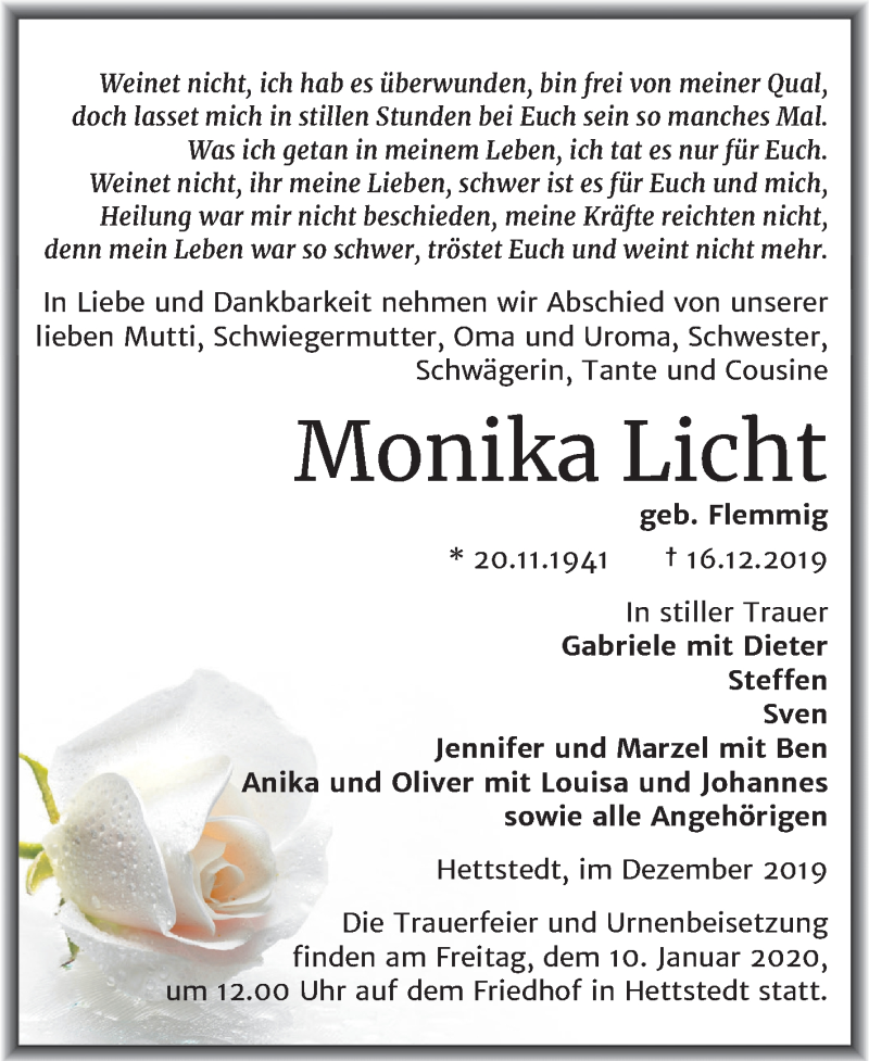  Traueranzeige für Monika Licht vom 28.12.2019 aus Super Sonntag Mansfelder Land
