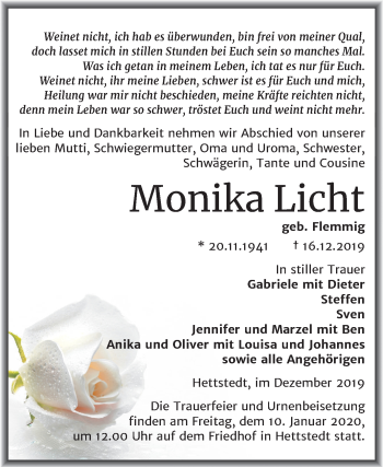 Traueranzeige von Monika Licht von Super Sonntag Mansfelder Land