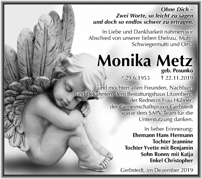  Traueranzeige für Monika Metz vom 14.12.2019 aus Mitteldeutsche Zeitung Mansfelder Land