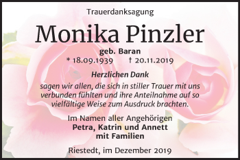 Traueranzeige von Monika Pinzler von Mitteldeutsche Zeitung Sangerhausen