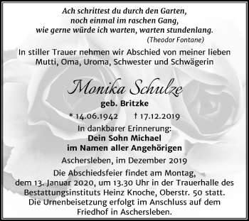 Traueranzeige von Monika Schulze von Mitteldeutsche Zeitung Aschersleben