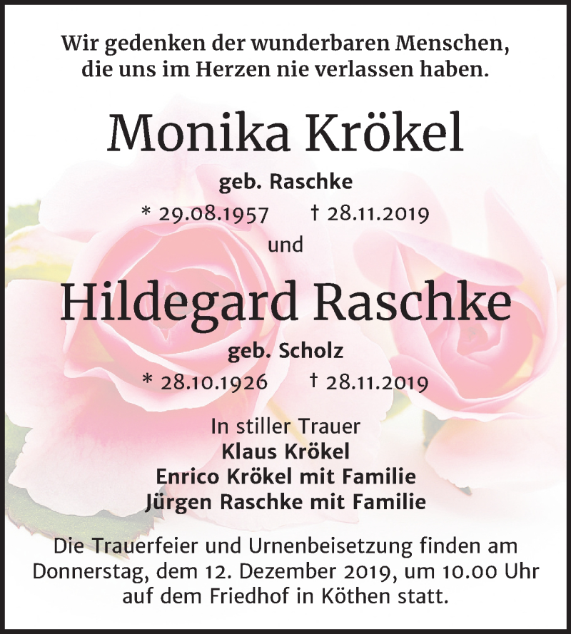  Traueranzeige für Monika und Hildegard  vom 07.12.2019 aus Super Sonntag Köthen