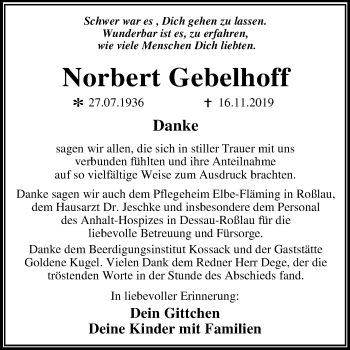 Traueranzeige von Norbert Gebelhoff von Super Sonntag Wittenberg