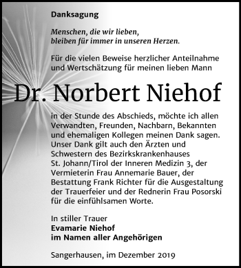 Traueranzeige von Norbert Niehof von Mitteldeutsche Zeitung Sangerhausen
