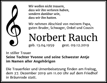 Traueranzeige von Norbert Rauch von Mitteldeutsche Zeitung Mansfelder Land