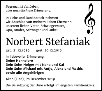 Traueranzeige von Norbert Stefaniak von Mitteldeutsche Zeitung Köthen