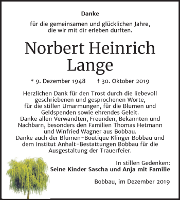 Traueranzeige von Norbert Heinrich Lange von Mitteldeutsche Zeitung Bitterfeld