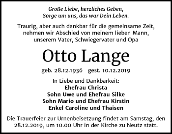 Traueranzeige von Otto Lange von Mitteldeutsche Zeitung Halle/Saalkreis