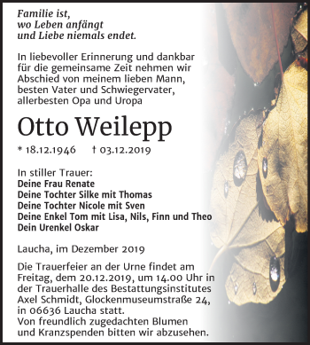 Traueranzeige von Otto Weilepp von Wochenspiegel Naumburg/Nebra