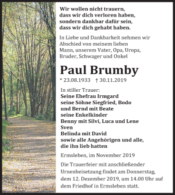 Traueranzeige von Paul Brumby von Mitteldeutsche Zeitung Quedlinburg