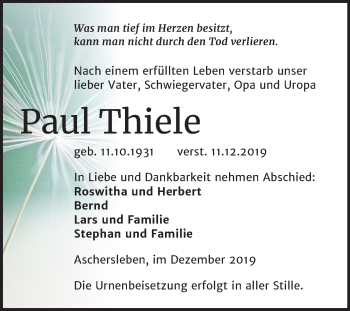 Traueranzeige von Paul Thiele von Mitteldeutsche Zeitung Aschersleben