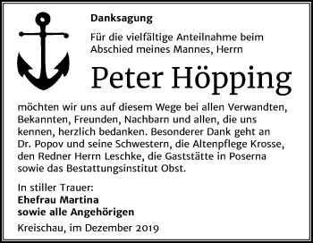 Traueranzeige von Peter Höpping von Mitteldeutsche Zeitung Weißenfels