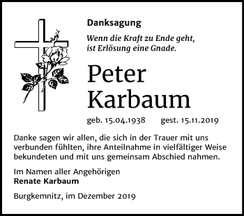 Traueranzeige von Peter Karbaum von Wochenspiegel Bitterfeld
