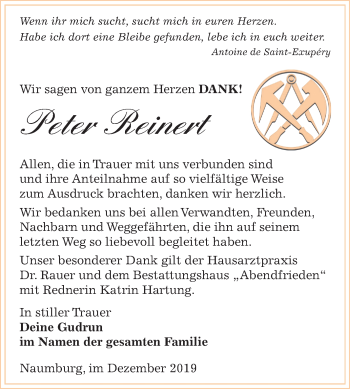 Traueranzeige von Peter Reinert von Wochenspiegel Naumburg/Nebra