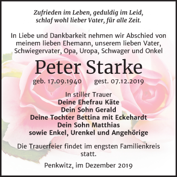 Traueranzeige von Peter Starke von Mitteldeutsche Zeitung Zeitz