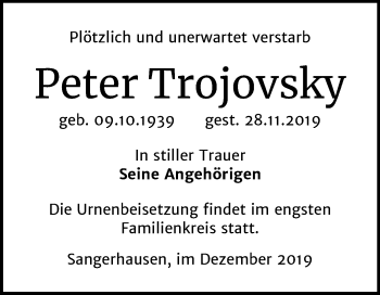 Traueranzeige von Peter Trojovsky von Mitteldeutsche Zeitung Sangerhausen
