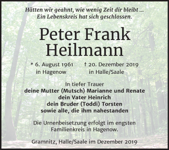 Traueranzeige von Peter Frank Heilmann von Mitteldeutsche Zeitung Halle/Saalkreis