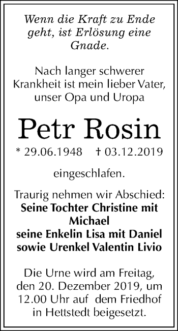 Traueranzeige von Petr Rosin von Mitteldeutsche Zeitung Mansfelder Land