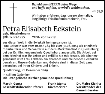 Traueranzeige von Petra Elisabeth Eckstein von Mitteldeutsche Zeitung Quedlinburg