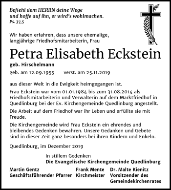 Traueranzeige von Petra Elisabeth Eckstein von Super Sonntag Quedlinburg
