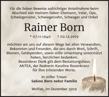 Traueranzeige von Rainer Born von Wochenspiegel Bitterfeld