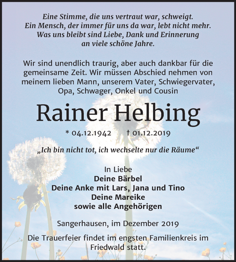  Traueranzeige für Rainer Helbing vom 11.12.2019 aus Wochenspiegel Sangerhausen
