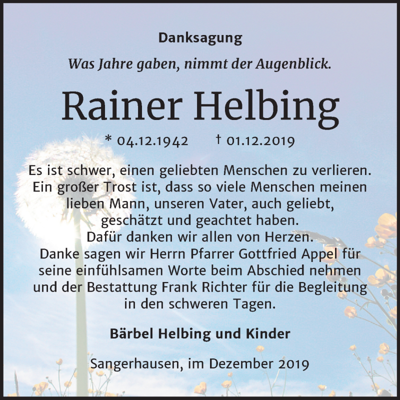  Traueranzeige für Rainer Helbing vom 24.12.2019 aus Wochenspiegel Sangerhausen