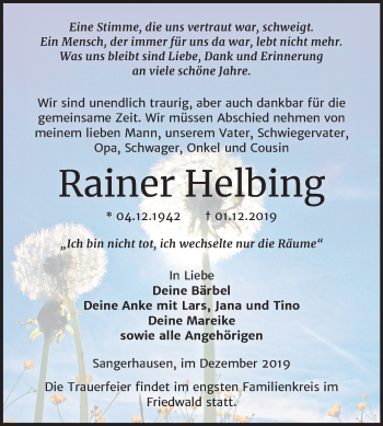 Traueranzeige von Rainer Helbing von Wochenspiegel Sangerhausen