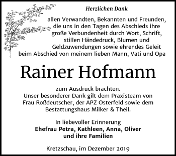Traueranzeige von Rainer Hofmann von Mitteldeutsche Zeitung Zeitz