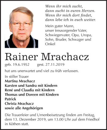 Traueranzeige von Rainer Mrachacz von Super Sonntag Köthen