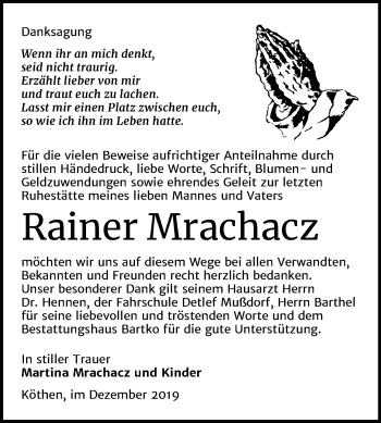 Traueranzeige von Rainer Mrachacz von Mitteldeutsche Zeitung Köthen