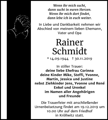 Traueranzeige von Rainer Schmidt von Mitteldeutsche Zeitung Halle/Saalkreis