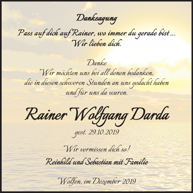  Traueranzeige für Rainer Wolfgang Darda vom 18.12.2019 aus Wochenspiegel Bitterfeld