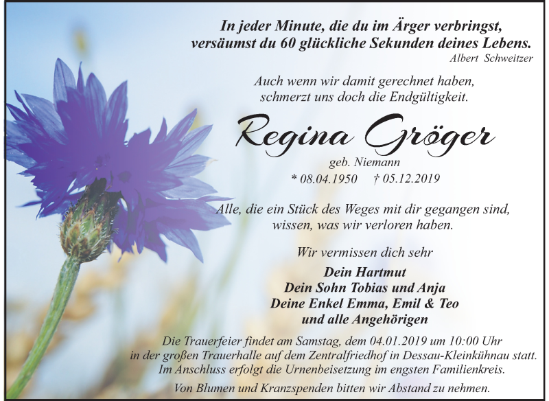  Traueranzeige für Regina Gröger vom 21.12.2019 aus Super Sonntag Dessau-Roßlau