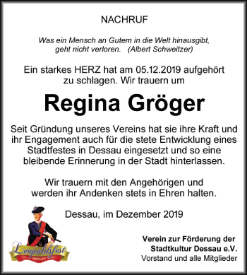 Traueranzeige von Regina Gröger von Mitteldeutsche Zeitung Dessau-Roßlau