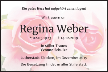 Traueranzeige von Regina Weber von Mitteldeutsche Zeitung Mansfelder Land
